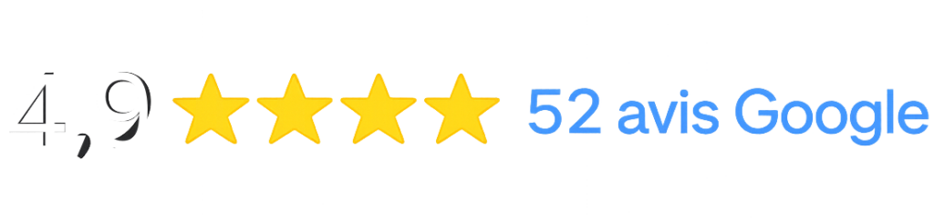 note google : 4,9/5 étoiles jaunes, 52 avis clients satisfaits.