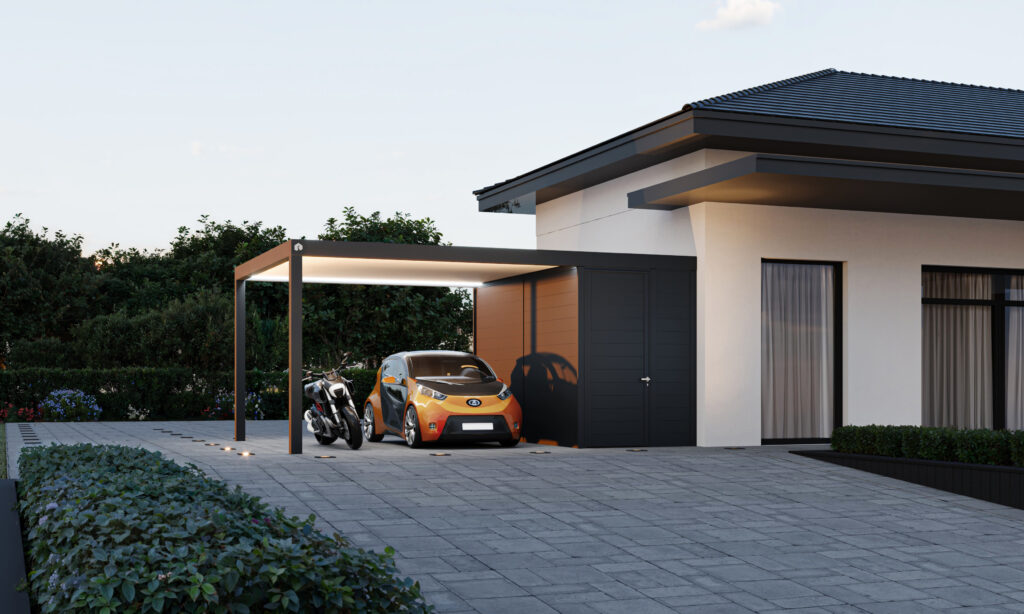 carport moderne avec portail, abritant voiture et moto, accès pavé sécurisé.