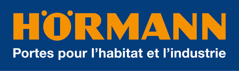 logo hormann jaune sur fond bleu, slogan en français pour les ouvertures extérieures. logo hormann jaune sur fond bleu, slogan en français pour les ouvertures extérieures.